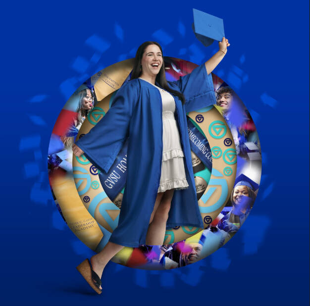 GVSU graduating student with cap and gown.